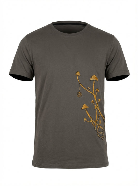 Gray t-shirt with a gold floral design on a white background