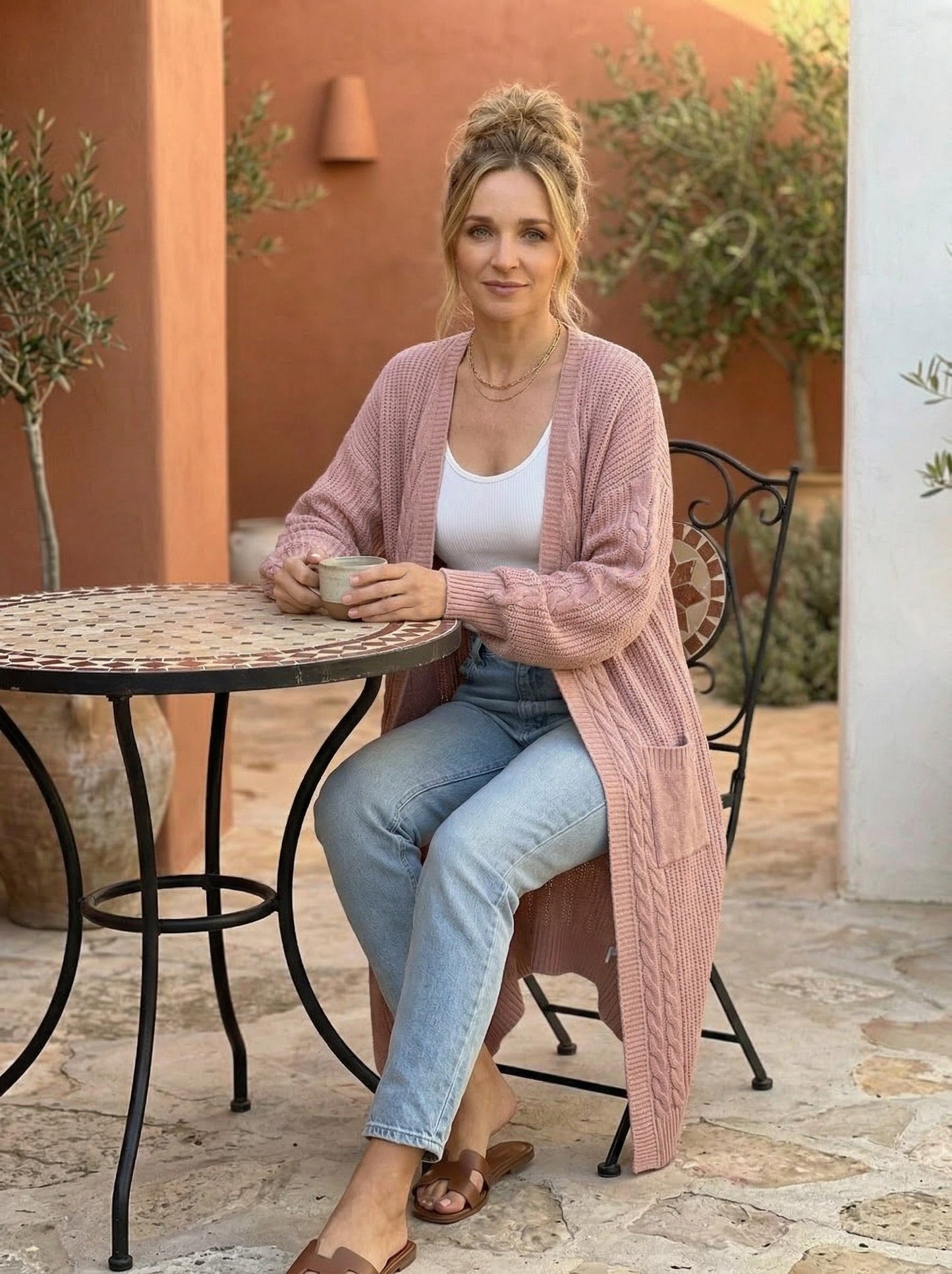 Harlow Cable Knit Cardigan – Salmon Pink / Chocolate