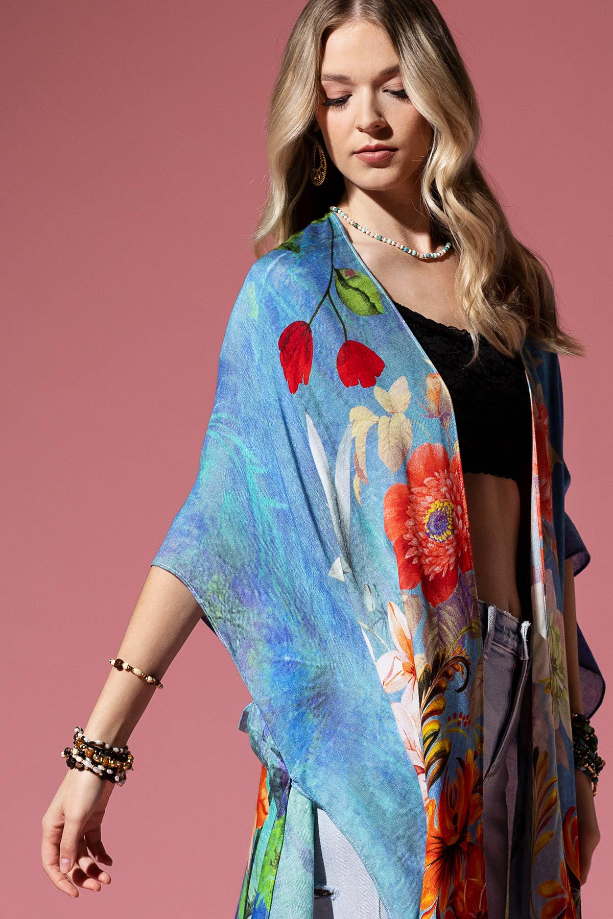 Sharon Rose Print Blue Kimono