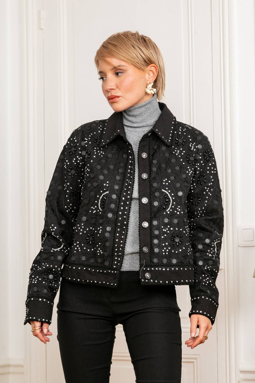 Angelica Boho Crop Jacket – Embellished Black Cotton | Boho Rhapsody ...
