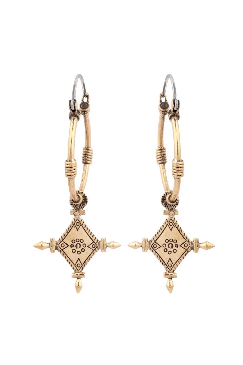 Pair of gold and bronze earrings on a white background