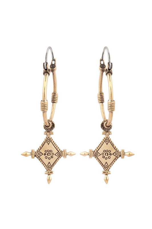 Pair of gold and bronze earrings on a white background