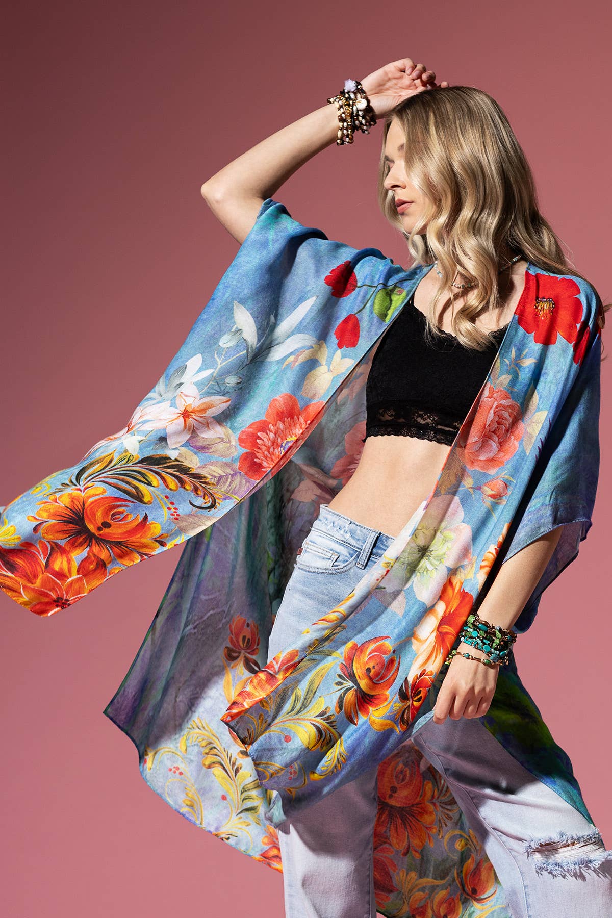 Sharon Rose Print Blue Kimono