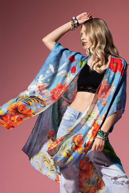 Sharon Rose Print Blue Kimono