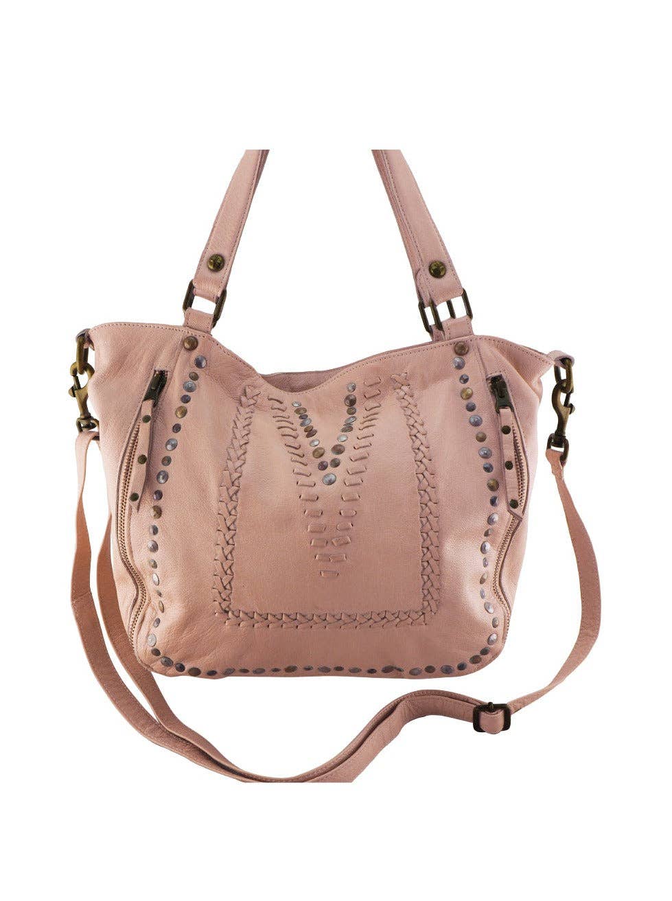 Pink leather handbag with studded details on a white background