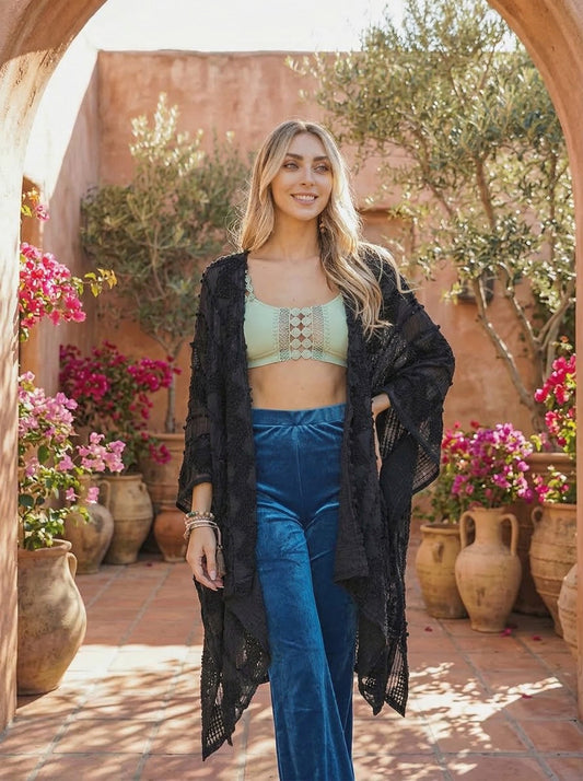 Cheyenne Embroidered Zig Zag Soft Kimono - Black
