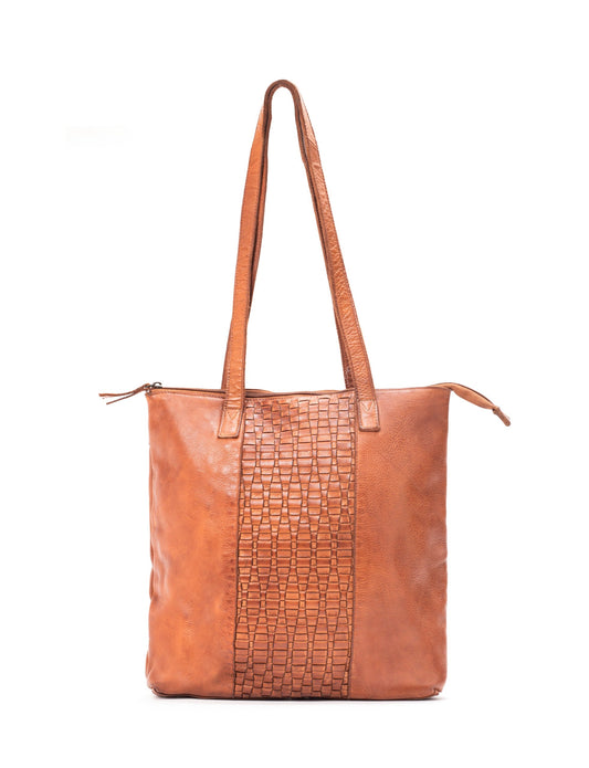 A brown leather tote bag with a central vertically oriented woven-texture panel and matching shoulder straps, shown against a plain white background.
