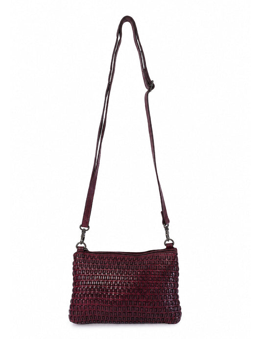 A dark burgundy woven leather shoulder bag with a long matching strap and silver-tone hardware, shown against a plain white background.