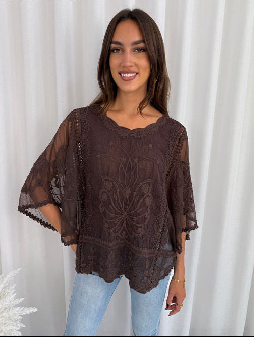 Delilah Embroidered Lace Blouse – Boho Chic Batwing Top