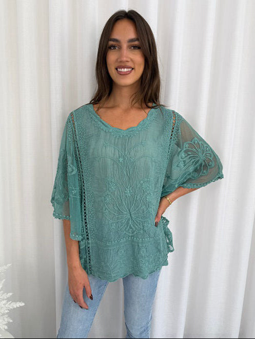 Woman wearing a teal lace top against a white curtain background