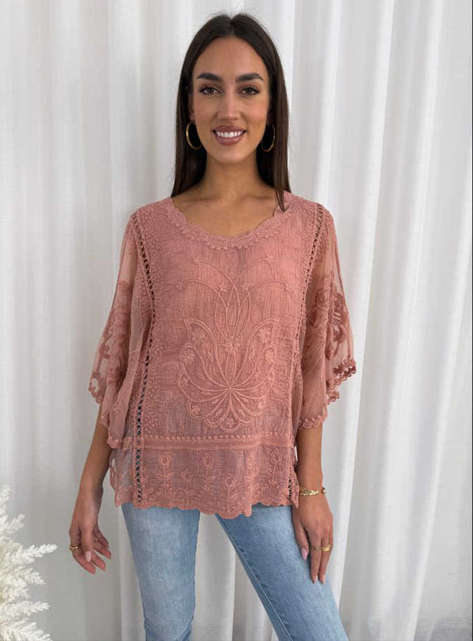 Delilah Spring Cotton and Lace Top White, Black or Salmon by Grace & Co