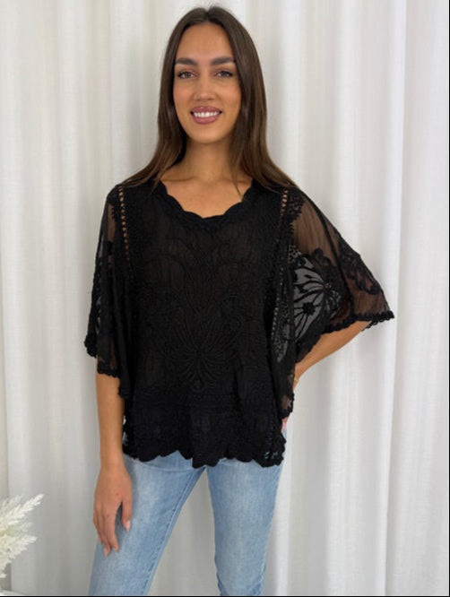 Delilah Spring Cotton and Lace Top White, Black or Salmon by Grace & Co