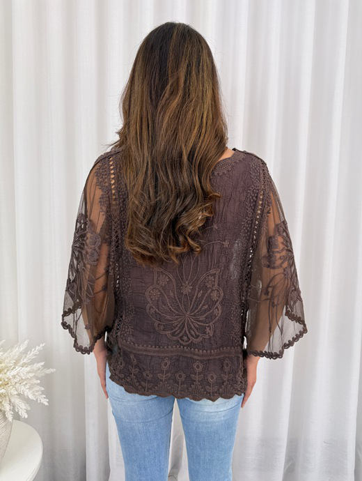 Woman wearing a brown lace top with sheer sleeves against a white curtain background