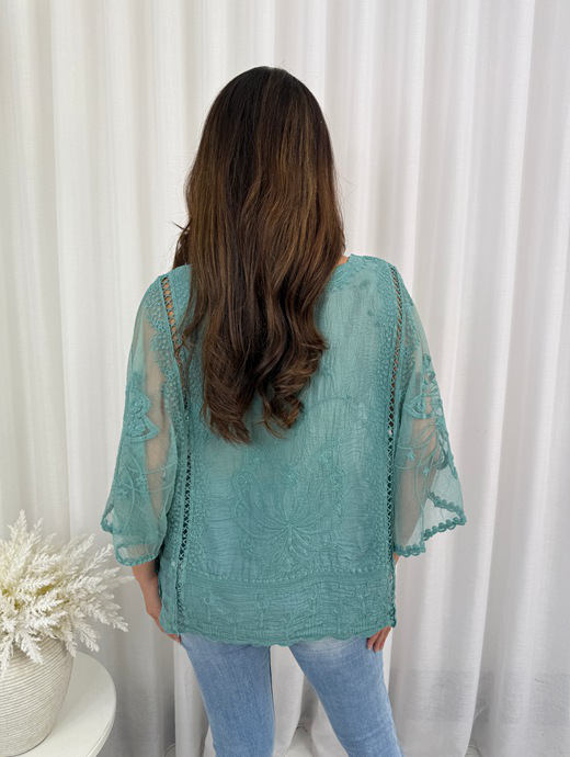 Woman wearing a teal lace top in front of white curtains