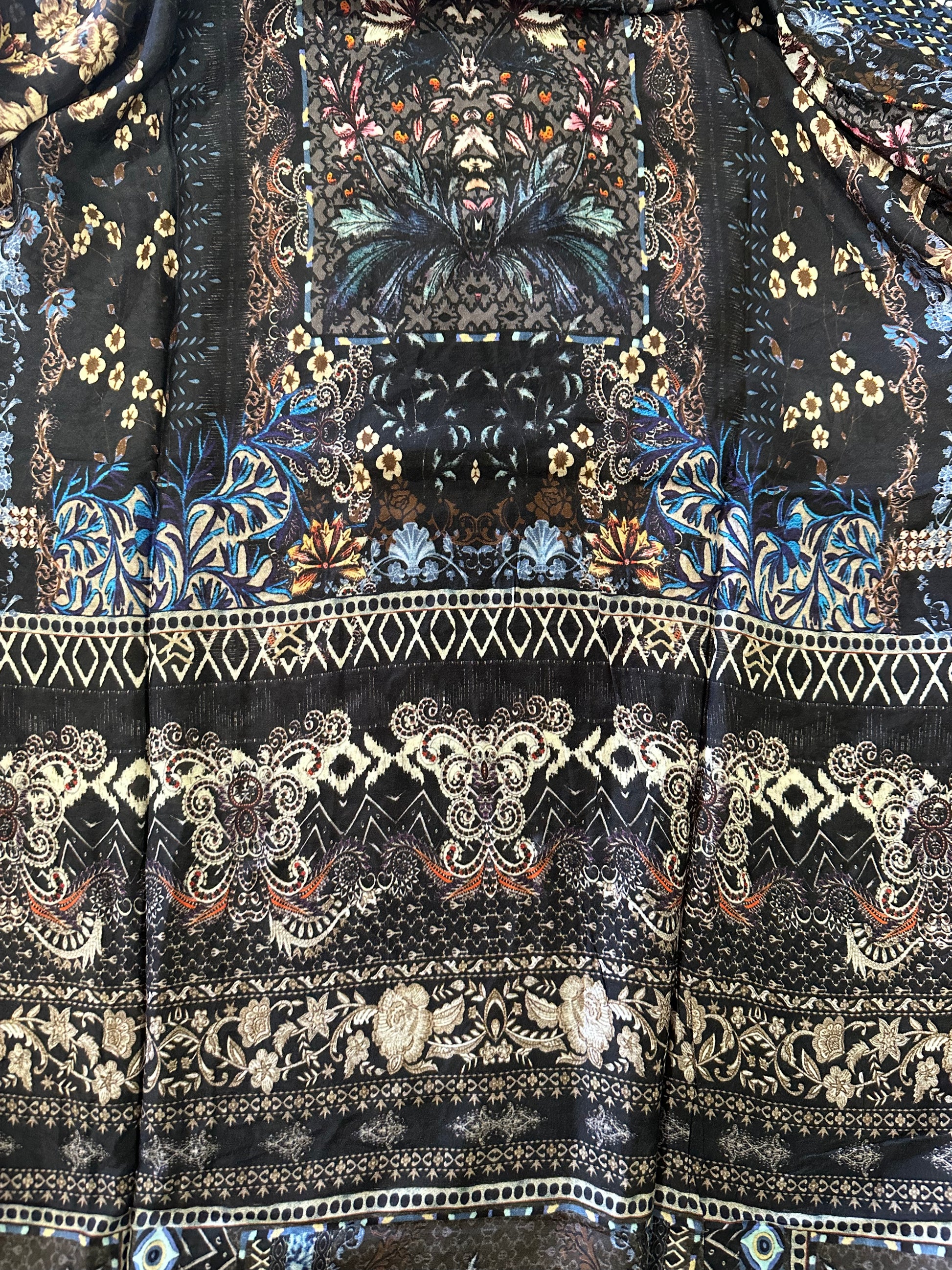 Close-up of a patterned fabric with intricate designs on a black background