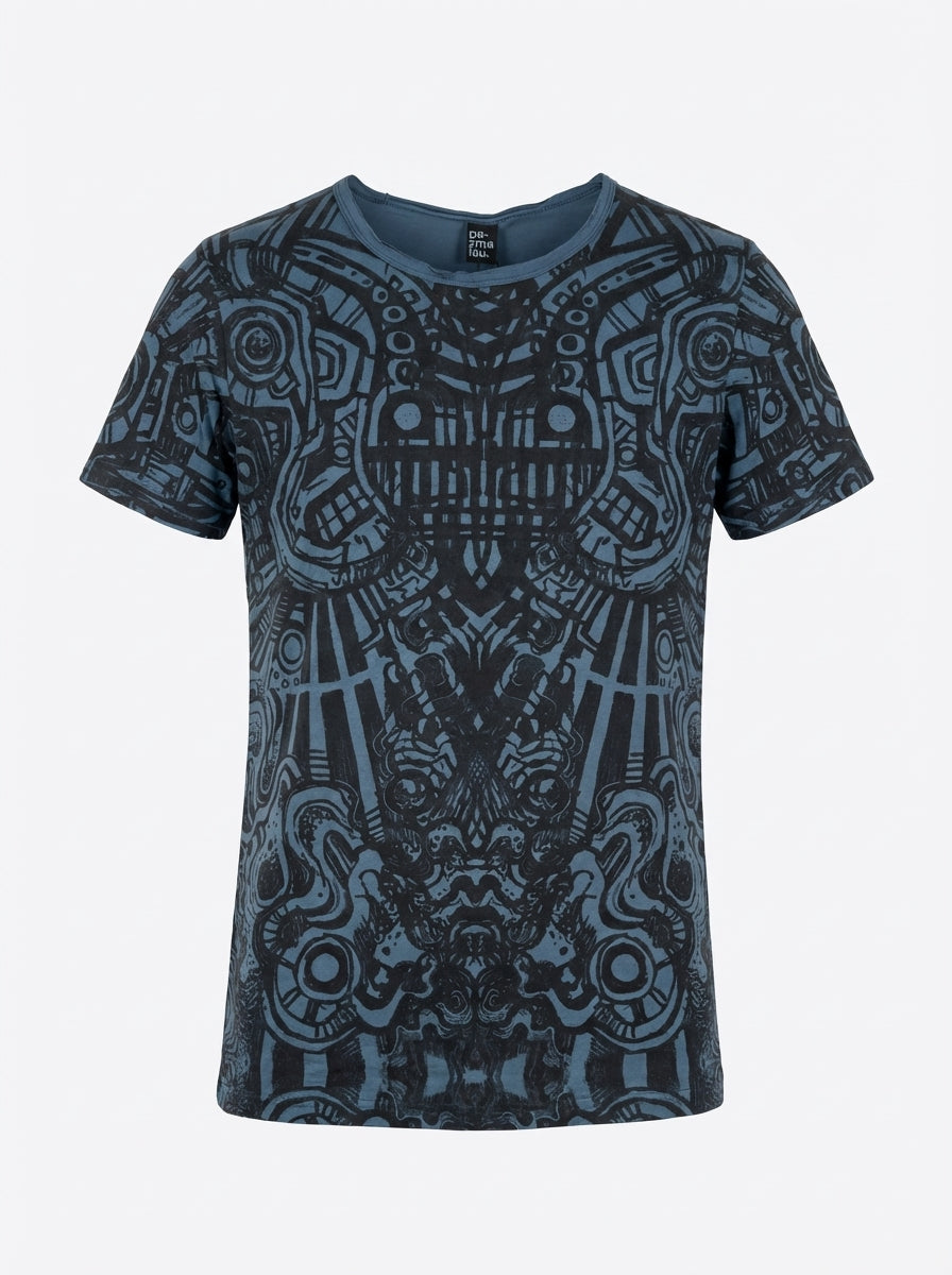 Black t-shirt with blue geometric pattern on a white background