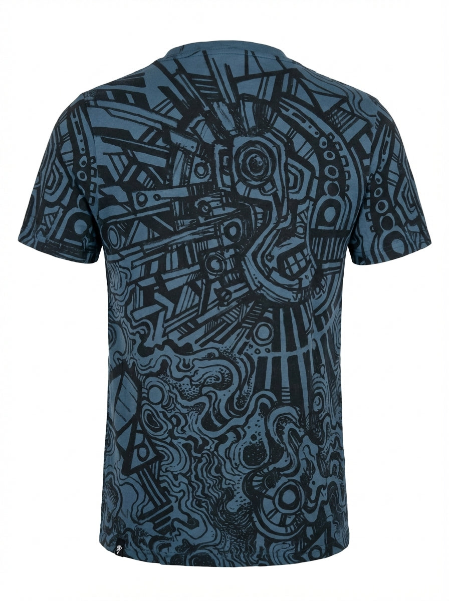 Blue t-shirt with intricate black geometric and abstract patterns on a white background