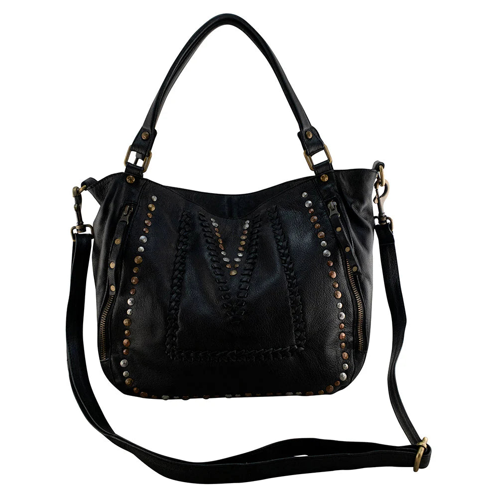 Black leather handbag with studs on a white background