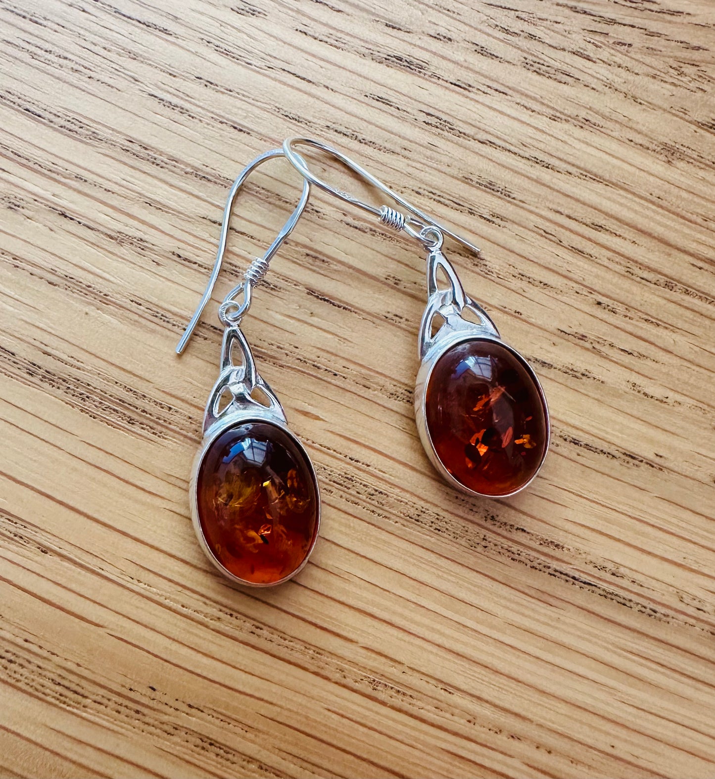 Sterling Silver and Amber Oval Drop Earrings