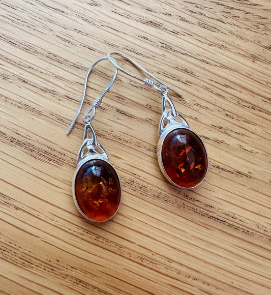 Sterling Silver and Amber Oval Drop Earrings