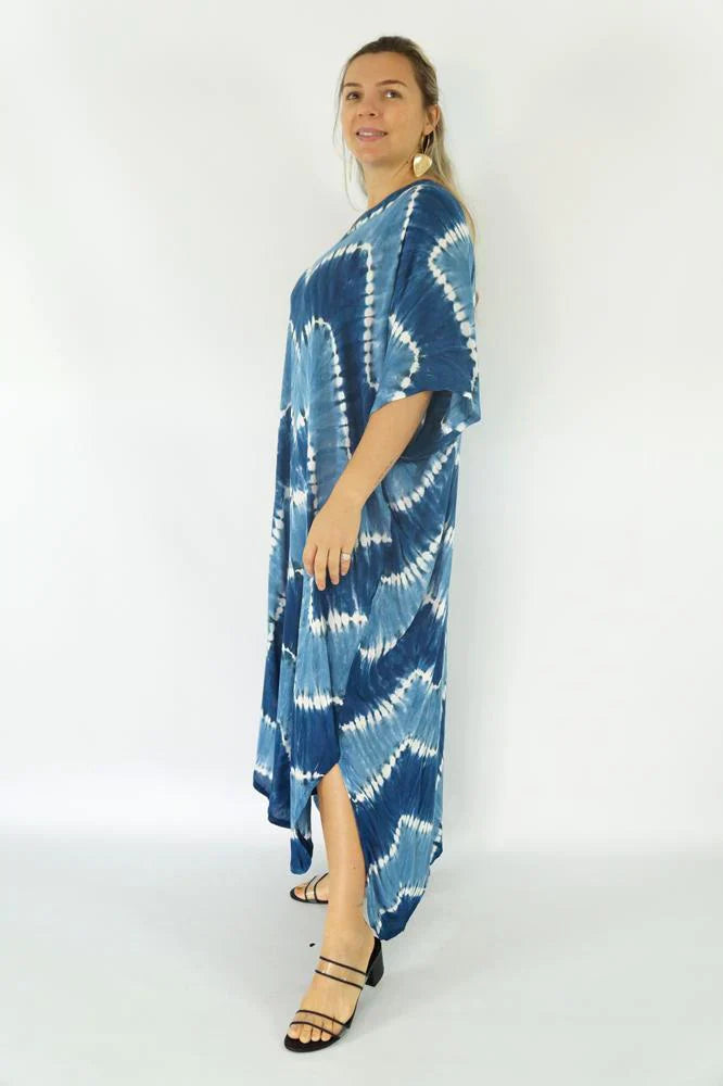 Zig Zag Tie Dye Long Kaftan - Pink, Navy