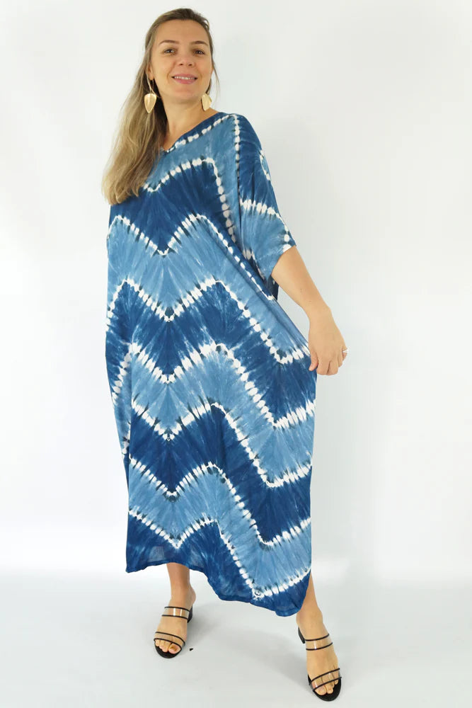 Zig Zag Tie Dye Long Kaftan - Pink, Navy by Sundrenched