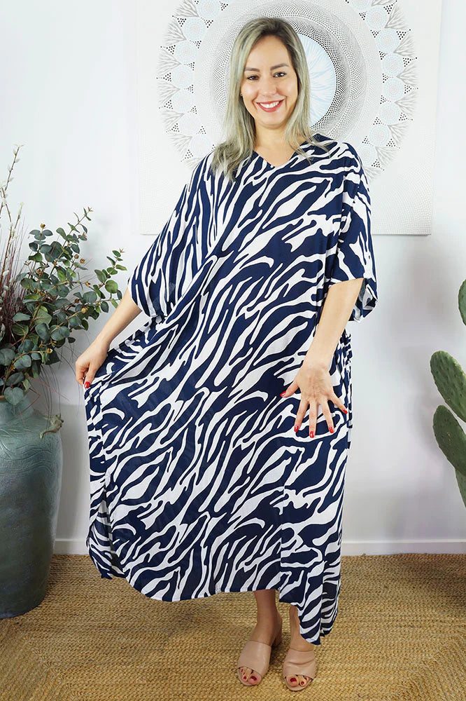 Zebra Print Long Kaftan - Black, Brown or Navy