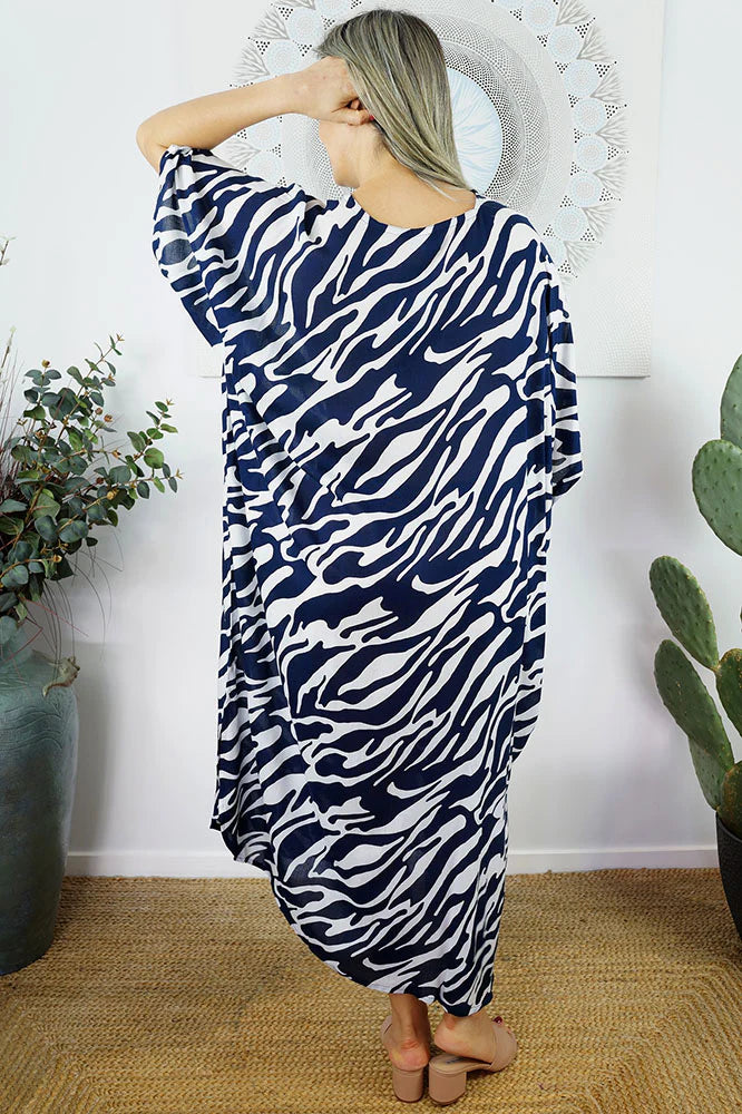 Zebra Print Long Kaftan - Black, Brown or Navy