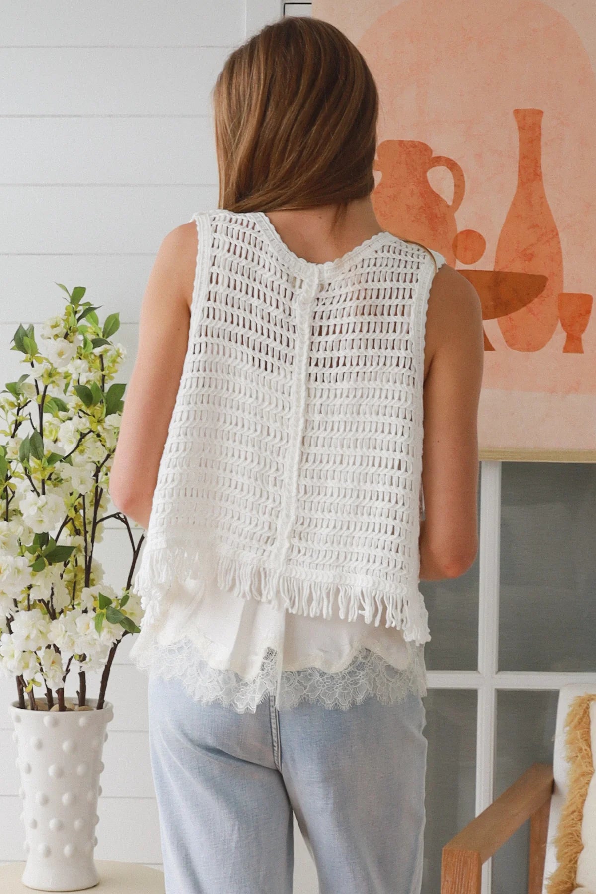White Cotton Crochet Fringe Vest