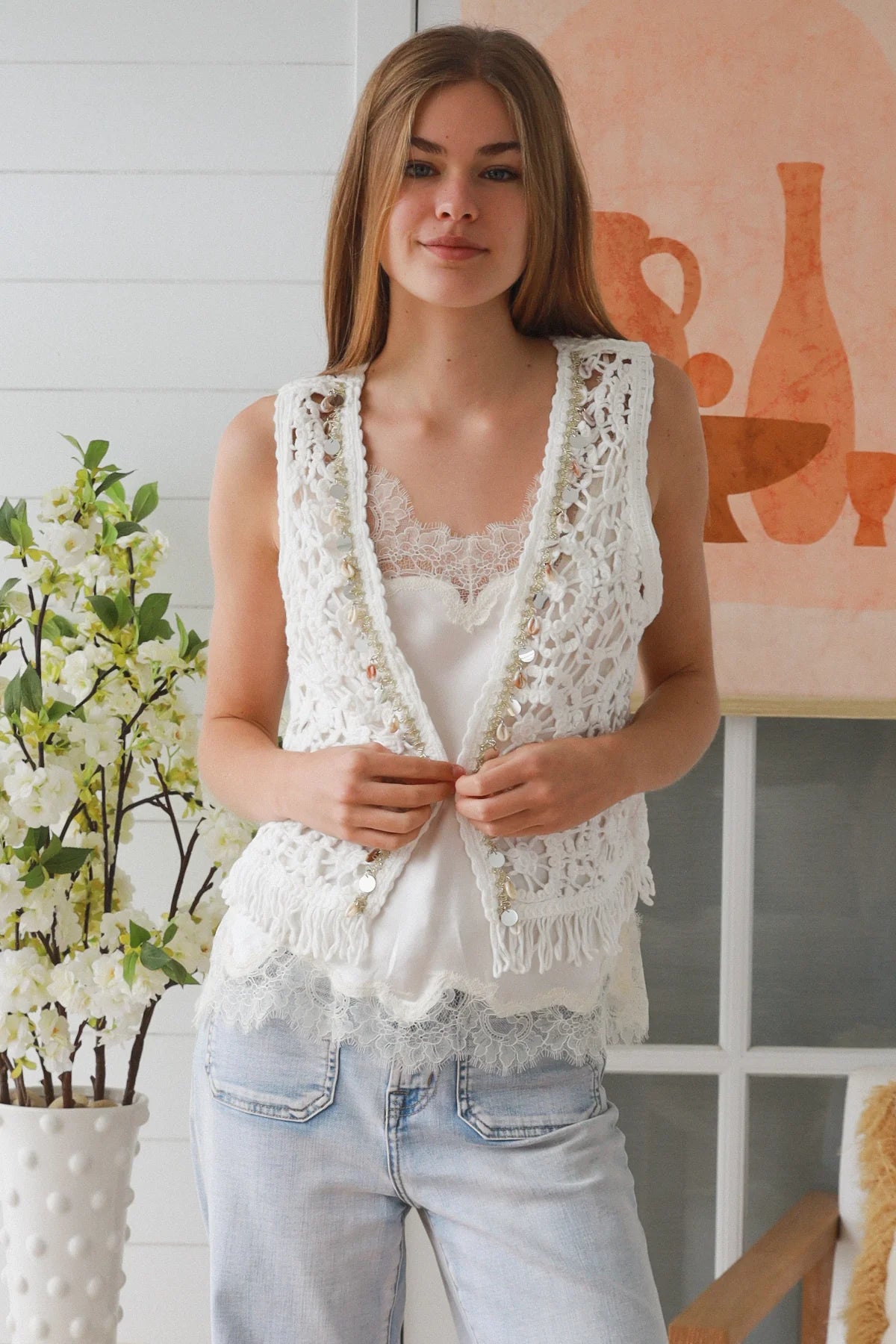 White Cotton Crochet Fringe Vest