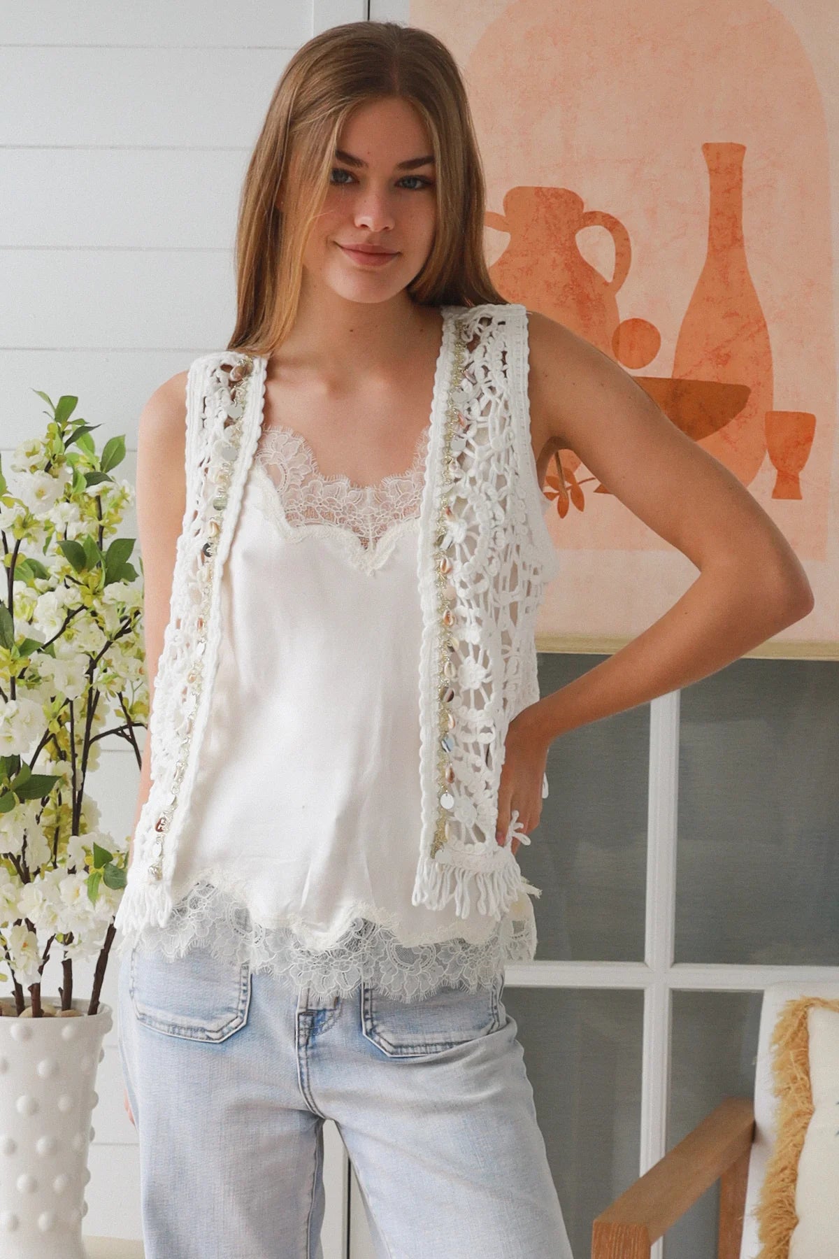 White Cotton Crochet Fringe Vest