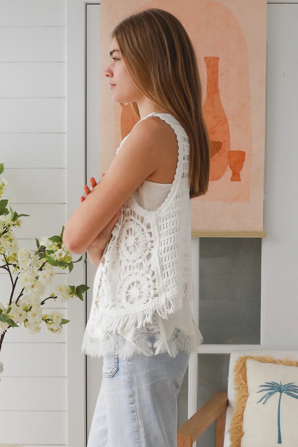White Cotton Crochet Fringe Vest
