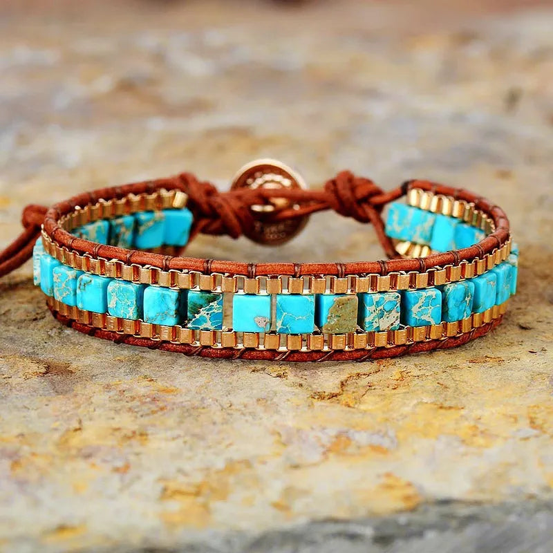 Turquoise Blue Handmade Woven Leather Wrap Bracelet