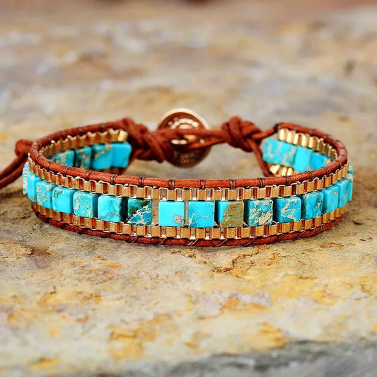 Turquoise Blue Handmade Woven Leather Wrap Bracelet