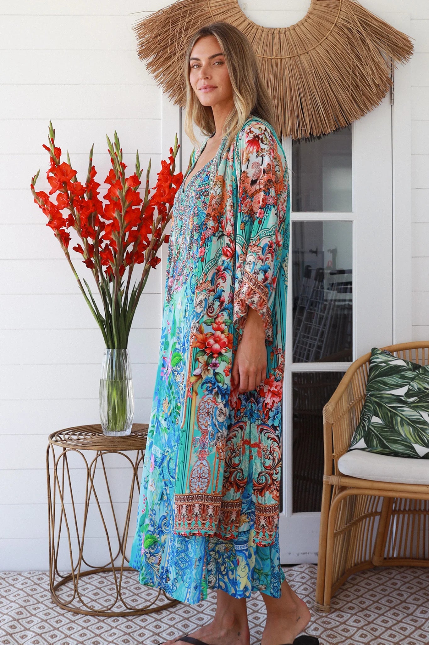 Peacock Feather Embellished Blue Kimono