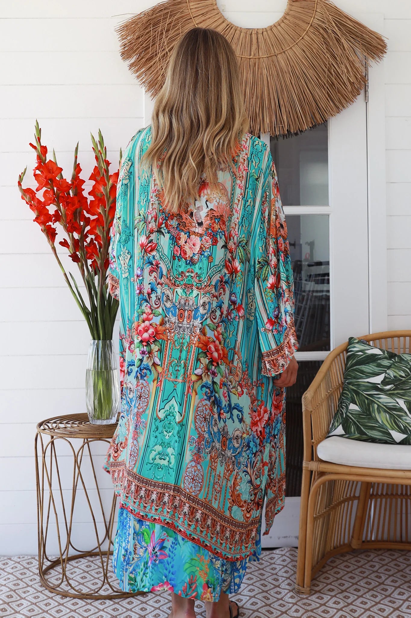 Peacock Feather Embellished Blue Kimono