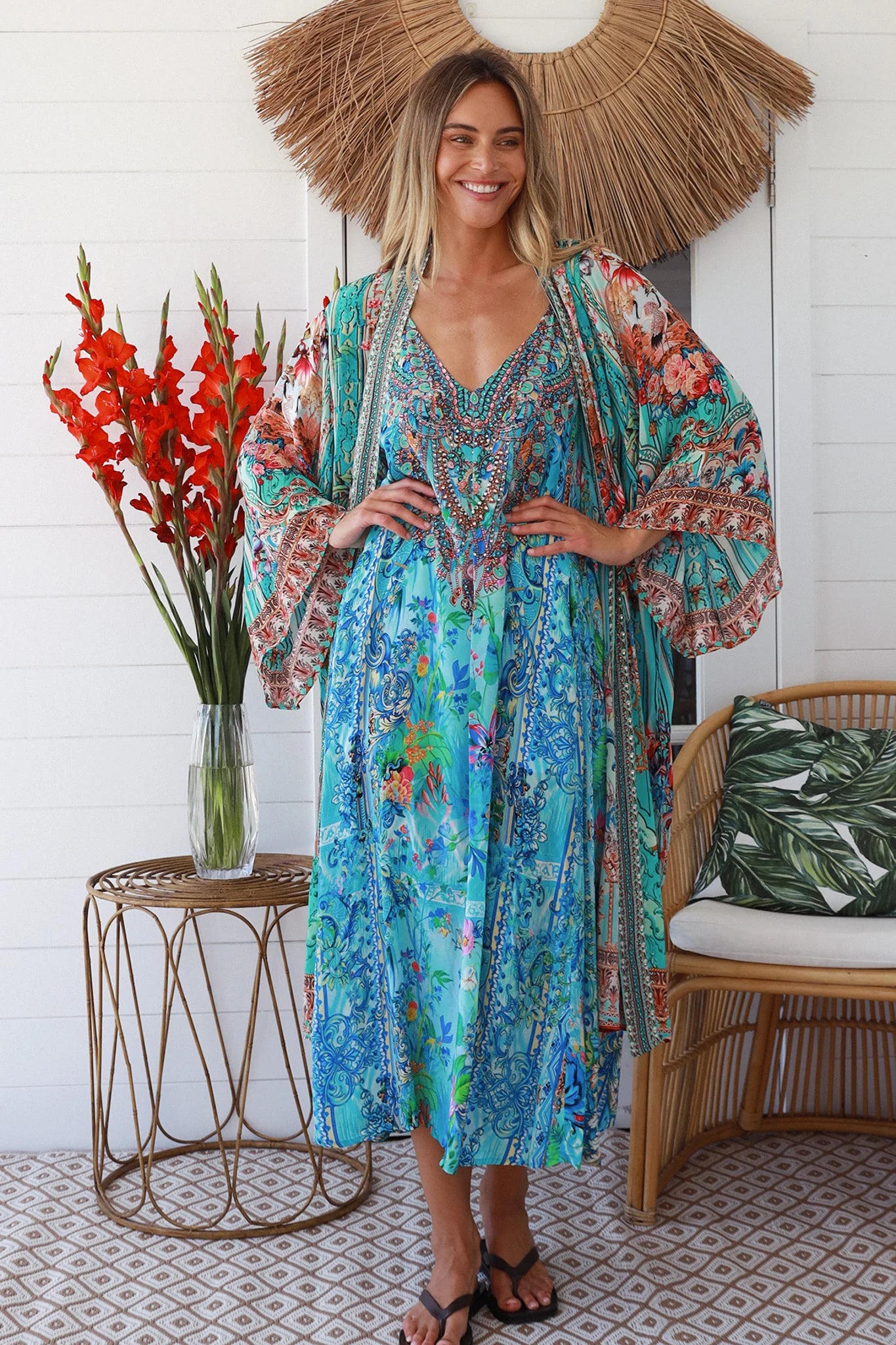 Desidera Embellished Kimono – Boho Luxe Viscose Wrap - Pink or Blue