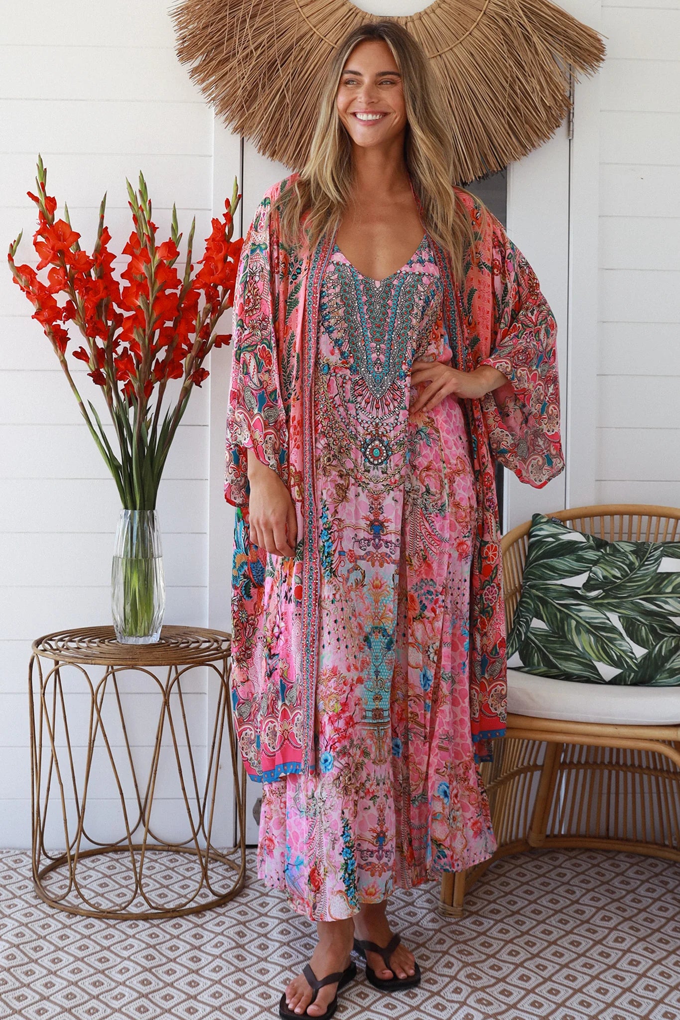 Desidera Embellished Kimono – Boho Luxe Viscose Wrap - Pink or Blue