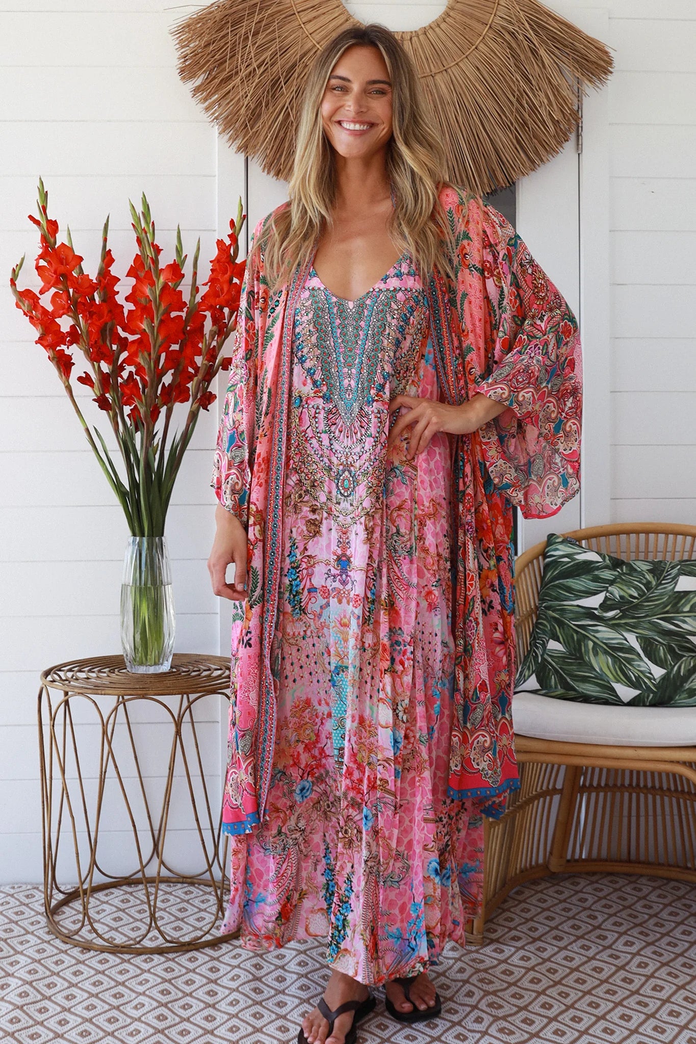 Peacock Feather Embellished Pink Kimono