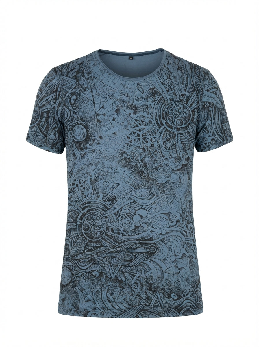 Blue t-shirt with intricate geometric pattern on a white background