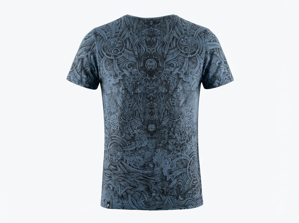 Blue patterned t-shirt on a white background