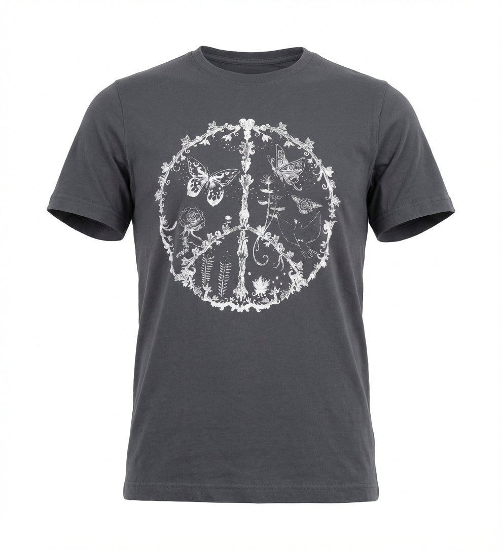 Gray t-shirt with a white peace symbol design on a white background