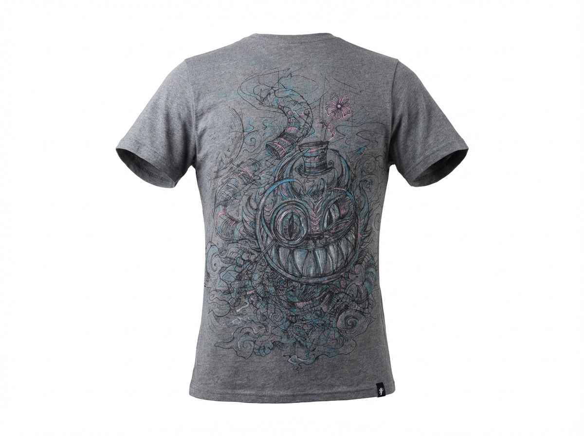 Gray t-shirt with a detailed design on the back against a white background