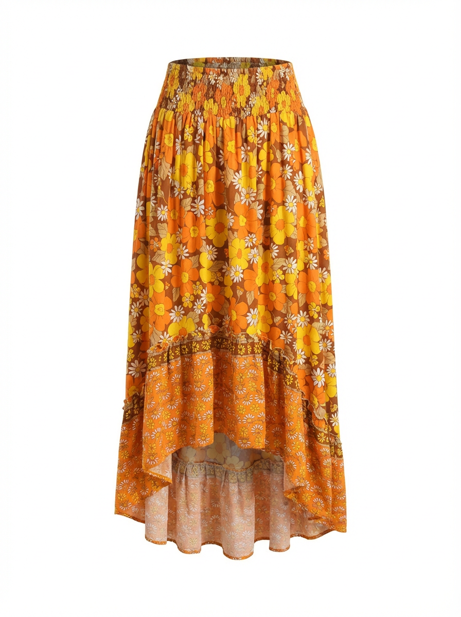 Yellow floral patterned skirt on a white background