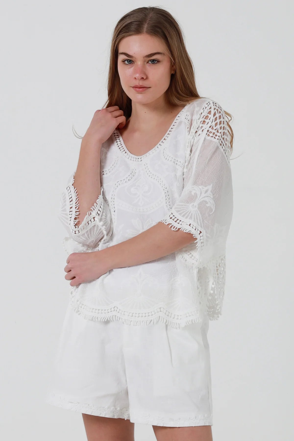 Ivory Embroidered Crochet Batwing Top