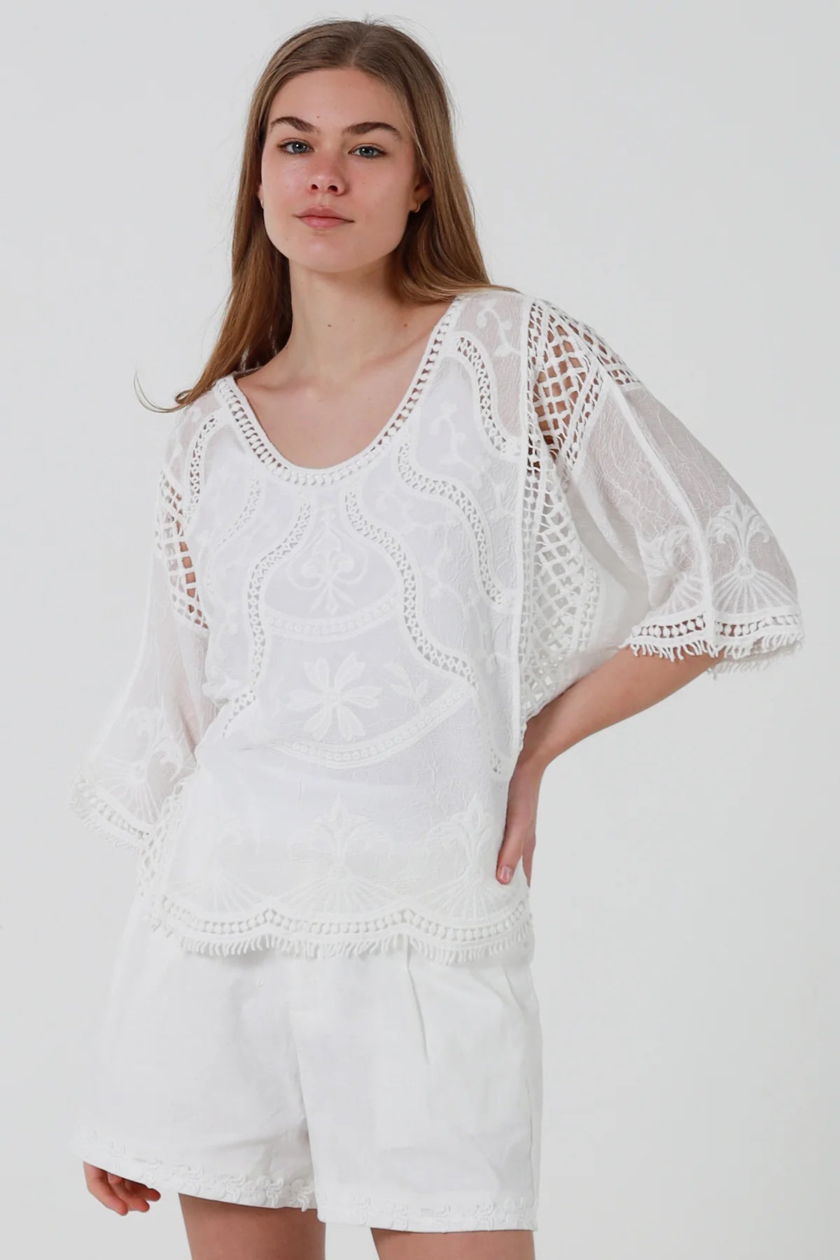 Ivory Embroidered Crochet Batwing Top
