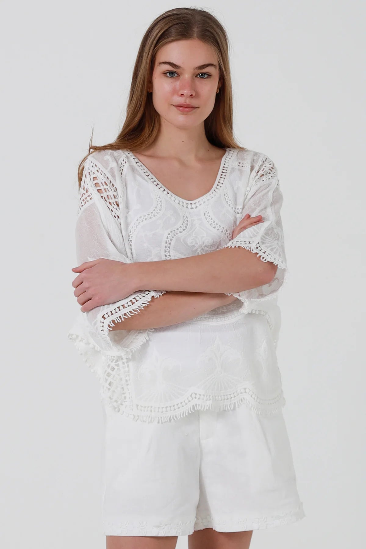 Ivory Embroidered Crochet Batwing Top