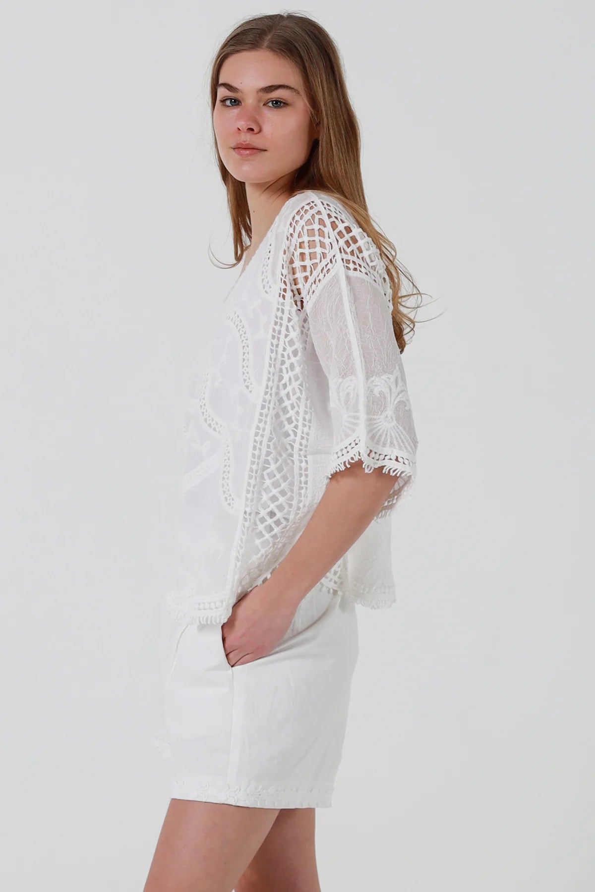 Ivory Embroidered Crochet Batwing Top