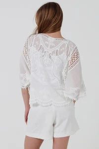 Ivory Embroidered Crochet Batwing Top