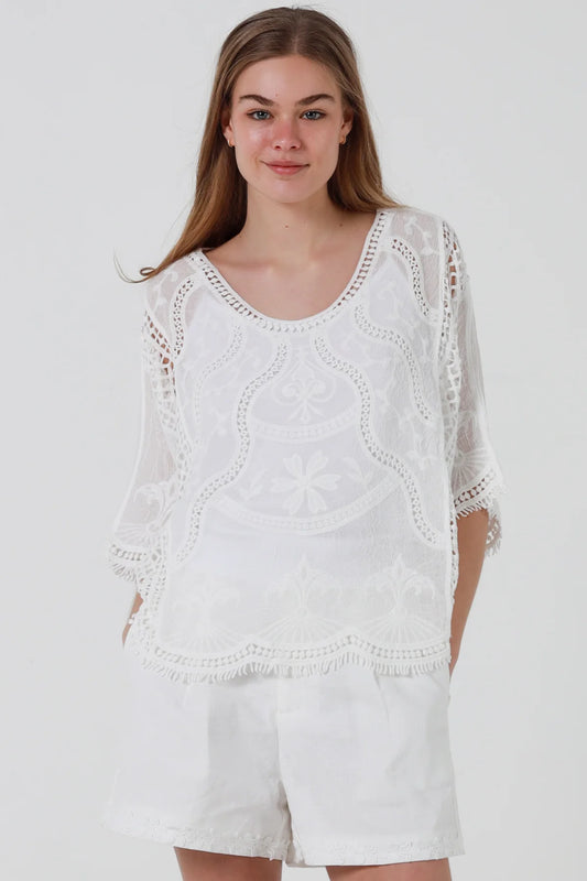 Ivory Embroidered Crochet Batwing Top